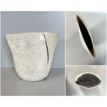 VASO TASCA CERAMICA RAKU Studio Art Pottery WHITE CRACLE' FIRMA "A" EPOCA '900