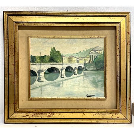 QUADRO DIPINTO OLIO C. Ferrero VEDUTA Torino  "Il Po presso la Gran Madre" 1971