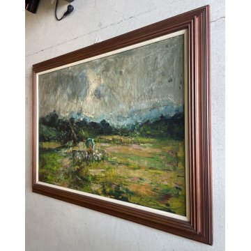 DIPINTO OLIO Luigi Tallone PAESAGGIO RUALE CONTADINA GREGGE POSTIMPRESSIONISTA