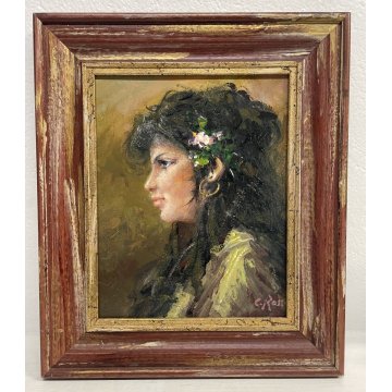 ANTICO QUADRO OLIO TAVOLA RITRATTO Zingara Gitana PROFILO FIRMATO C. Rossi '900