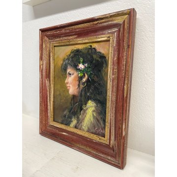 ANTICO QUADRO OLIO TAVOLA RITRATTO Zingara Gitana PROFILO FIRMATO C. Rossi '900