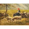 ANTICO DIPINTO olio tavola PASTORELLA pascolo GREGGE PECORE epoca '900 MONTAGNE
