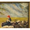 ANTICO DIPINTO olio tavola PASTORELLA pascolo GREGGE PECORE epoca '900 MONTAGNE