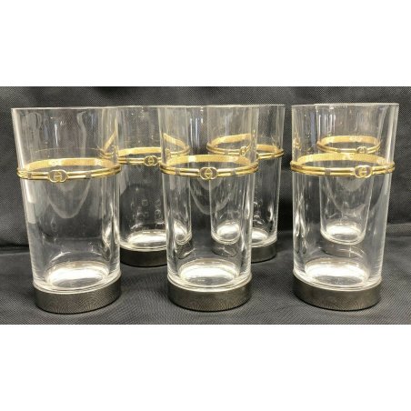 ANTICO SET 6 BICCHIERI GUCCI MADE IN ITALY ORO VETRO GLASS ANNI 80 VINTAGE CENA 