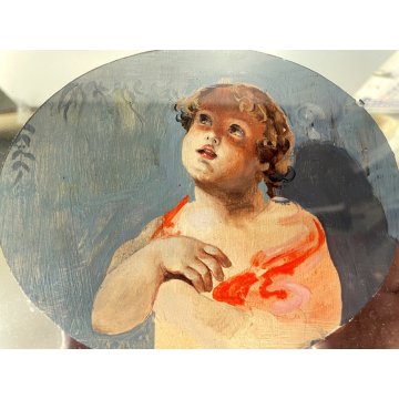 VECCHIO DIPINTO ovale PUTTO CUPIDO BAMBINO CORNICE ORO specchio allegoria