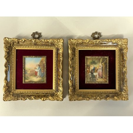 COPPIA ANTICA MINIATURA dipinta a mano CORNICE DORATA febbraio dicembre