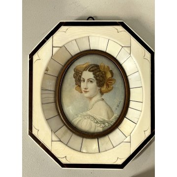 ANTICA MINIATURA RITRATTO giovane donna nobile FIRMATA cornice preziosa