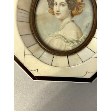 ANTICA MINIATURA RITRATTO giovane donna nobile FIRMATA cornice preziosa