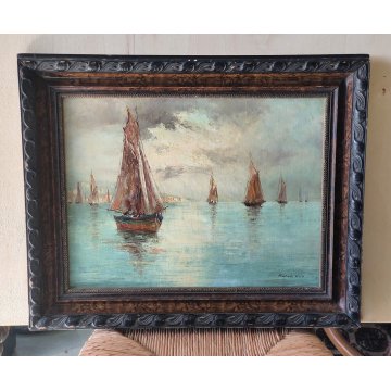 ANTICO QUADRO olio tavola DIPINTO Fratuli 834 MARINA PAESAGGIO golfo BARCHE VELA