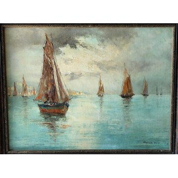 ANTICO QUADRO olio tavola DIPINTO Fratuli 834 MARINA PAESAGGIO golfo BARCHE VELA