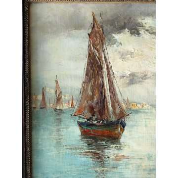 ANTICO QUADRO olio tavola DIPINTO Fratuli 834 MARINA PAESAGGIO golfo BARCHE VELA