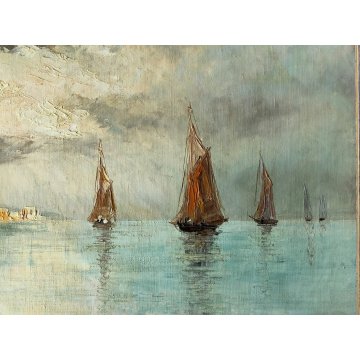 ANTICO QUADRO olio tavola DIPINTO Fratuli 834 MARINA PAESAGGIO golfo BARCHE VELA