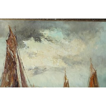 ANTICO QUADRO olio tavola DIPINTO Fratuli 834 MARINA PAESAGGIO golfo BARCHE VELA