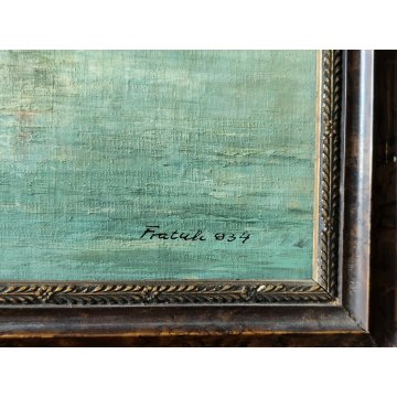 ANTICO QUADRO olio tavola DIPINTO Fratuli 834 MARINA PAESAGGIO golfo BARCHE VELA