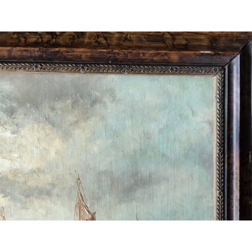 ANTICO QUADRO olio tavola DIPINTO Fratuli 834 MARINA PAESAGGIO golfo BARCHE VELA