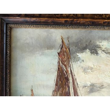 ANTICO QUADRO olio tavola DIPINTO Fratuli 834 MARINA PAESAGGIO golfo BARCHE VELA