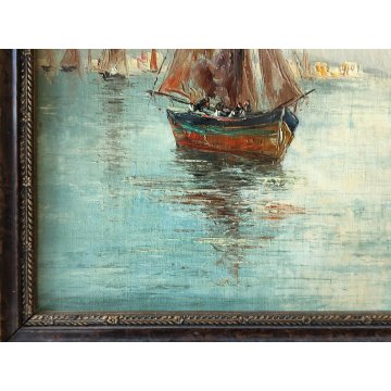 ANTICO QUADRO olio tavola DIPINTO Fratuli 834 MARINA PAESAGGIO golfo BARCHE VELA