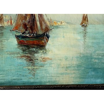 ANTICO QUADRO olio tavola DIPINTO Fratuli 834 MARINA PAESAGGIO golfo BARCHE VELA