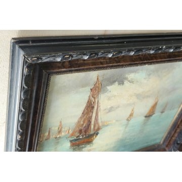 ANTICO QUADRO olio tavola DIPINTO Fratuli 834 MARINA PAESAGGIO golfo BARCHE VELA