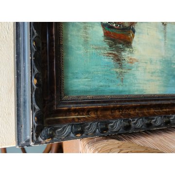 ANTICO QUADRO olio tavola DIPINTO Fratuli 834 MARINA PAESAGGIO golfo BARCHE VELA