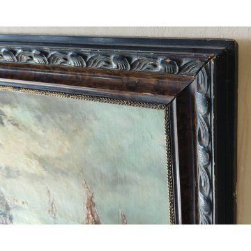 ANTICO QUADRO olio tavola DIPINTO Fratuli 834 MARINA PAESAGGIO golfo BARCHE VELA