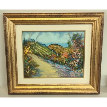 QUADRO OLIO TAVOLA L Crepaldi DIPINTO PAESAGGIO Primavera SENTIERO COLLINE FIORI