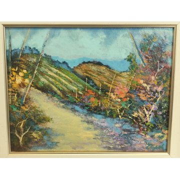 QUADRO OLIO TAVOLA L Crepaldi DIPINTO PAESAGGIO Primavera SENTIERO COLLINE FIORI