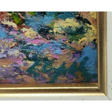 QUADRO OLIO TAVOLA L Crepaldi DIPINTO PAESAGGIO Primavera SENTIERO COLLINE FIORI