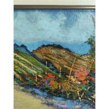 QUADRO OLIO TAVOLA L Crepaldi DIPINTO PAESAGGIO Primavera SENTIERO COLLINE FIORI