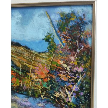 QUADRO OLIO TAVOLA L Crepaldi DIPINTO PAESAGGIO Primavera SENTIERO COLLINE FIORI