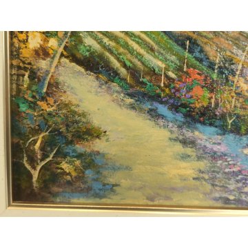 QUADRO OLIO TAVOLA L Crepaldi DIPINTO PAESAGGIO Primavera SENTIERO COLLINE FIORI