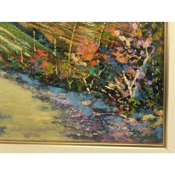 QUADRO OLIO TAVOLA L Crepaldi DIPINTO PAESAGGIO Primavera SENTIERO COLLINE FIORI