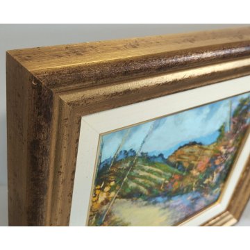 QUADRO OLIO TAVOLA L Crepaldi DIPINTO PAESAGGIO Primavera SENTIERO COLLINE FIORI