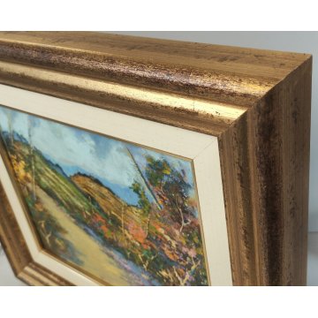 QUADRO OLIO TAVOLA L Crepaldi DIPINTO PAESAGGIO Primavera SENTIERO COLLINE FIORI