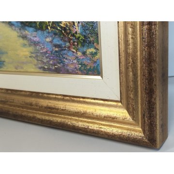 QUADRO OLIO TAVOLA L Crepaldi DIPINTO PAESAGGIO Primavera SENTIERO COLLINE FIORI