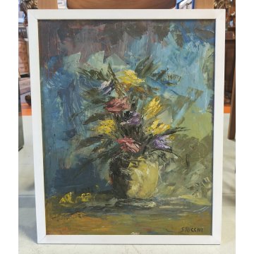 QUADRO DIPINTO firmato Stucchi OLIO TAVOLA vaso fiori NATURA MORTA epoca 900 old