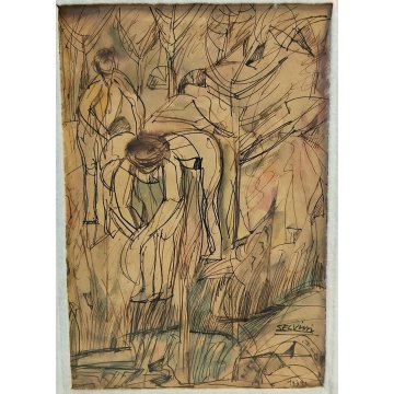 QUADRO DISEGNO ASTRATTO Corrado Selvini ACQUERELLO 1939 tecnica mista FIGURE old