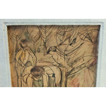 QUADRO DISEGNO ASTRATTO Corrado Selvini ACQUERELLO 1939 tecnica mista FIGURE old