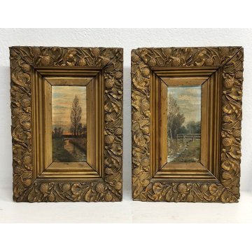 Coppia ANTICO QUADRO firmato EPOCA 900 dipinto PAESAGGIO FIUME cornice BAROCCA