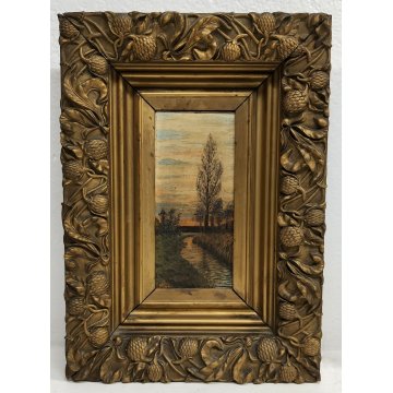 Coppia ANTICO QUADRO firmato EPOCA 900 dipinto PAESAGGIO FIUME cornice BAROCCA