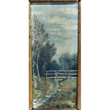 Coppia ANTICO QUADRO firmato EPOCA 900 dipinto PAESAGGIO FIUME cornice BAROCCA