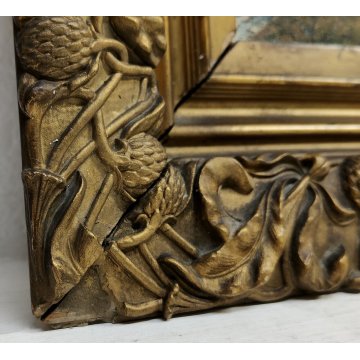 Coppia ANTICO QUADRO firmato EPOCA 900 dipinto PAESAGGIO FIUME cornice BAROCCA