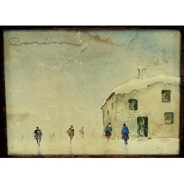 ANTICO QUADRO ACQUERELLO epoca 900 DIPINTO PAESAGGIO INVERNALE CASE NEVE FIGURE