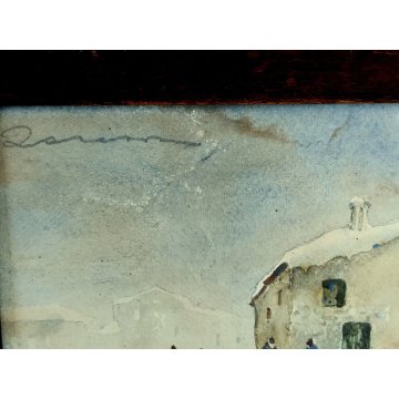 ANTICO QUADRO ACQUERELLO epoca 900 DIPINTO PAESAGGIO INVERNALE CASE NEVE FIGURE