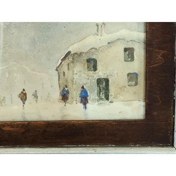 ANTICO QUADRO ACQUERELLO epoca 900 DIPINTO PAESAGGIO INVERNALE CASE NEVE FIGURE