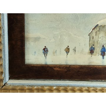 ANTICO QUADRO ACQUERELLO epoca 900 DIPINTO PAESAGGIO INVERNALE CASE NEVE FIGURE