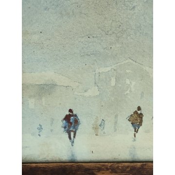 ANTICO QUADRO ACQUERELLO epoca 900 DIPINTO PAESAGGIO INVERNALE CASE NEVE FIGURE