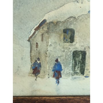 ANTICO QUADRO ACQUERELLO epoca 900 DIPINTO PAESAGGIO INVERNALE CASE NEVE FIGURE