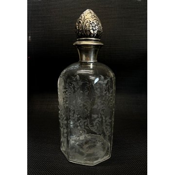 ANTICA BOTTIGLIA DECANTER VITTORIANO OTTAGONALE CRISTALLO MOLATO ARGENTO 800