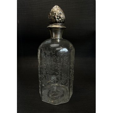 ANTICA BOTTIGLIA DECANTER VITTORIANO OTTAGONALE CRISTALLO MOLATO ARGENTO 800